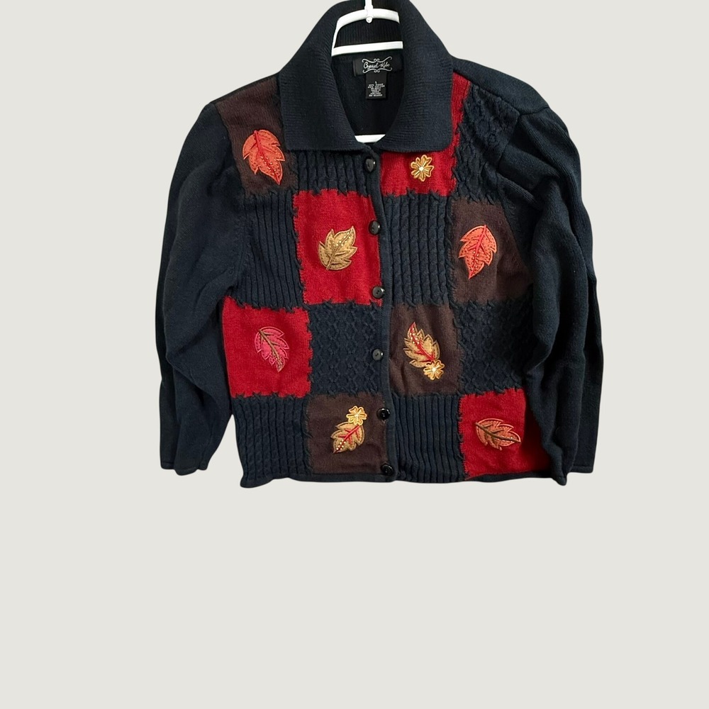 Crystal Kobe Womens Large Patchwork Leaf Embroidered Knit Cardigan Sweater Navy